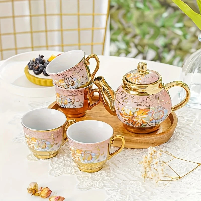 5-Piece Pink floral Gilded Ceramic Tea Set – 1 Teapot & 4 Teacups | European Turkish Arabic Style Coffee & Tea Gift Set