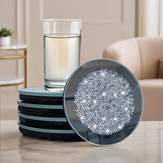 4pcs Crystal Glass Mirror Coasters – Round with Diamond Detailing | Elegant Table, Gifting & Party Decor