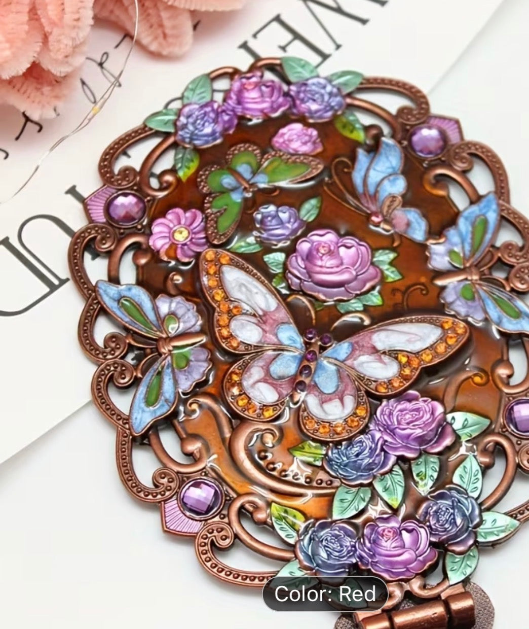 Antique-Style Handheld Vanity Mirror – Floral Butterfly Design, Folding Mirror with Tabletop Stand