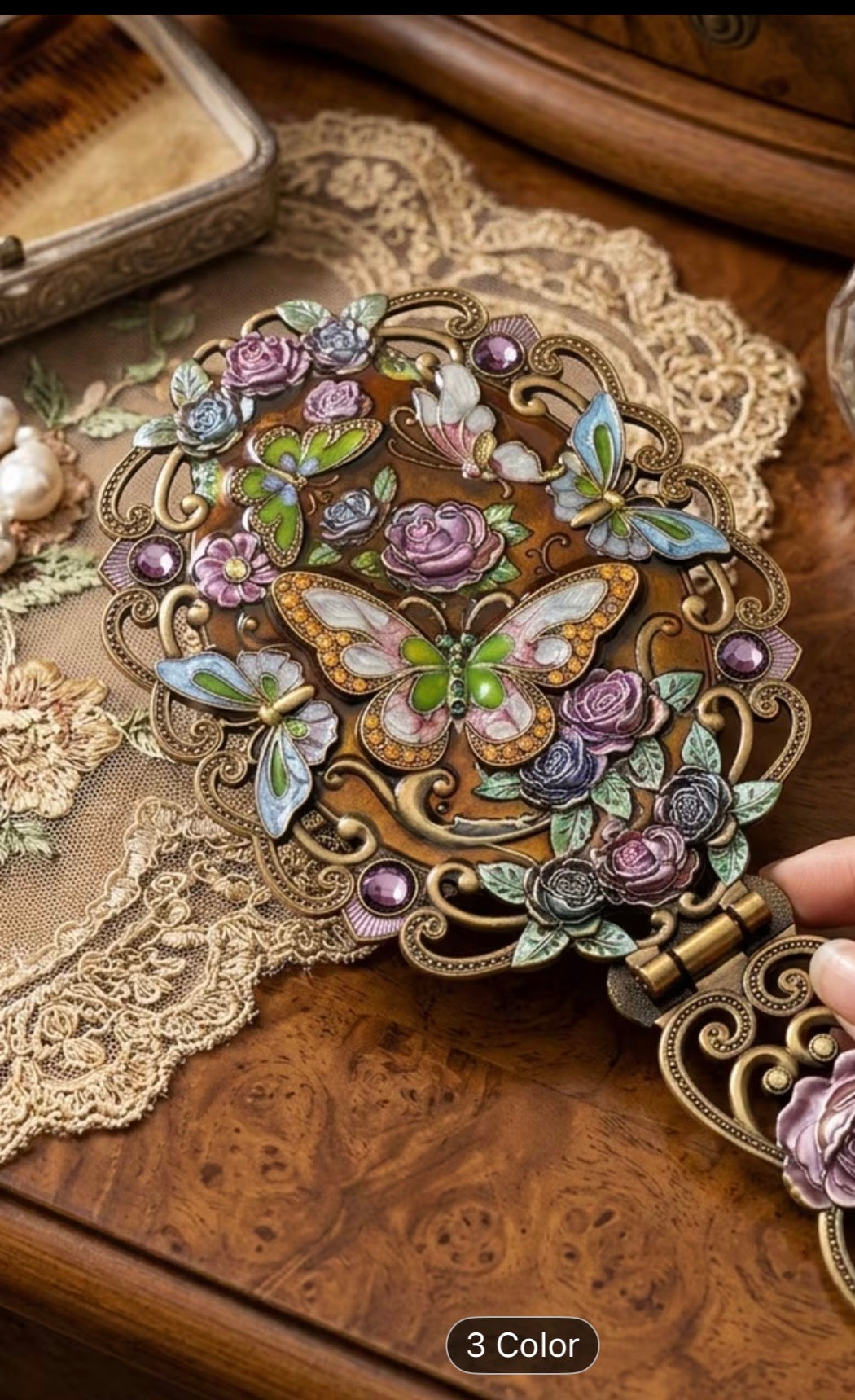 Antique-Style Handheld Vanity Mirror – Floral Butterfly Design, Folding Mirror with Tabletop Stand