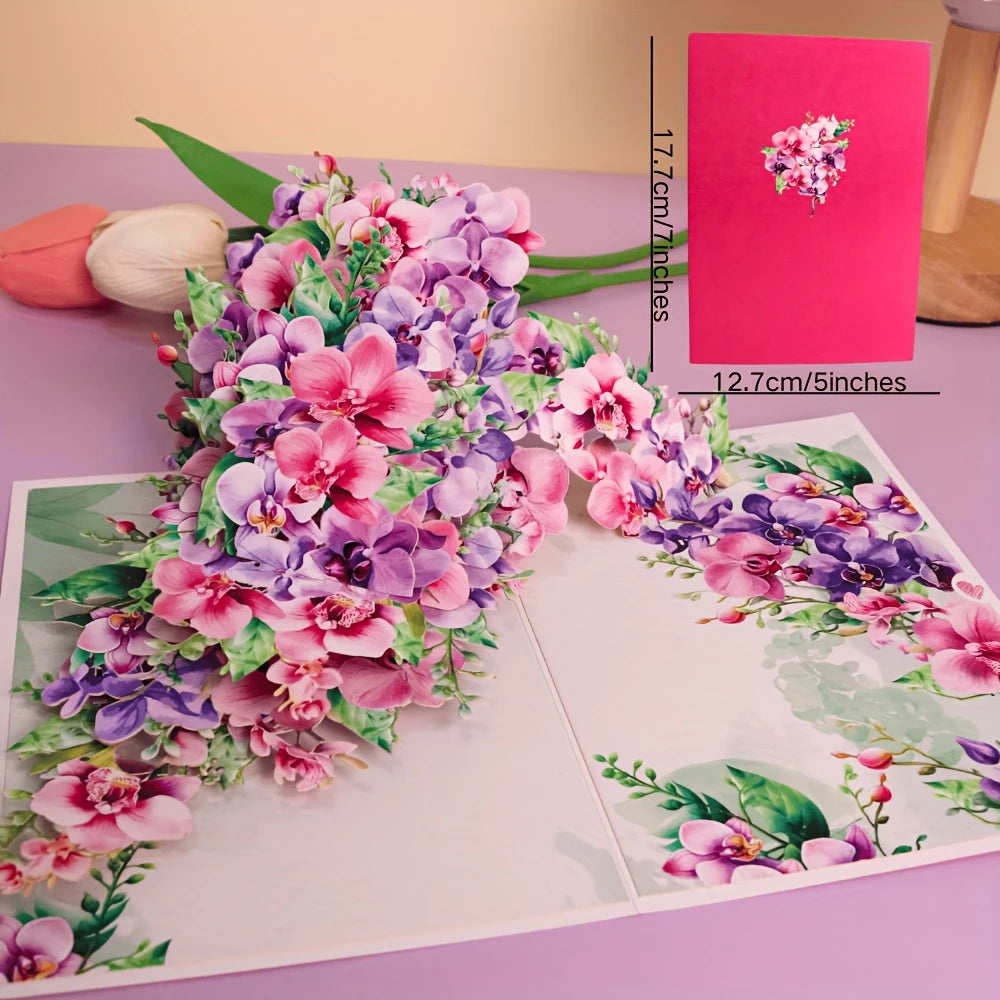 1pc Elegant Orchid Pop-Up Greeting Card – Handcrafted with Pink & Purple Flowers, Green Leaves