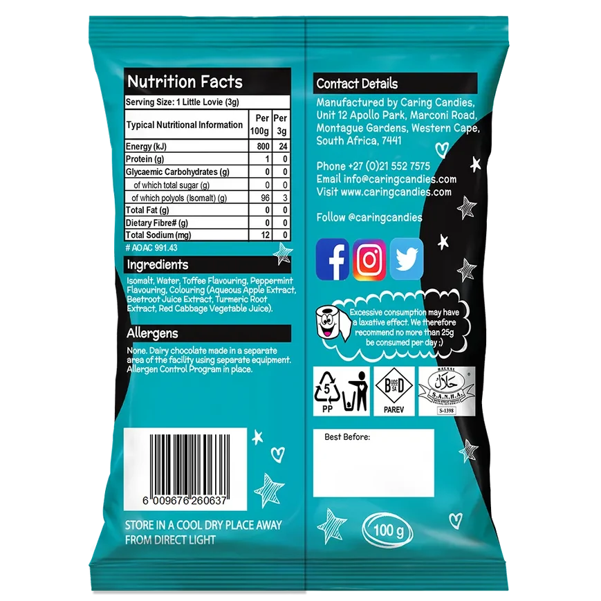 Caring Candies Little Lovies Sugar-Free Sweets | TOFFEE MINT | 100g