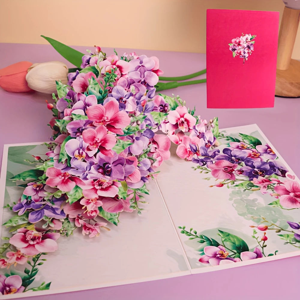 1pc Elegant Orchid Pop-Up Greeting Card – Handcrafted with Pink & Purple Flowers, Green Leaves