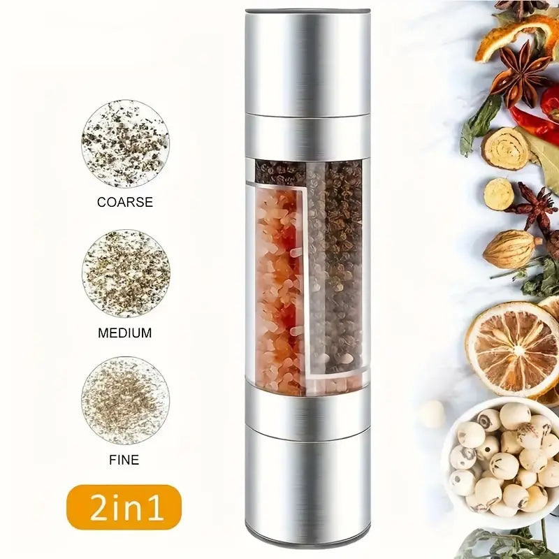 2-in-1 Stainless Steel Manual Coarse Celtic Salt and Pepper Grinder – Dual-Chamber Spice Mill with Adjustable Coarseness, No batteries Required
