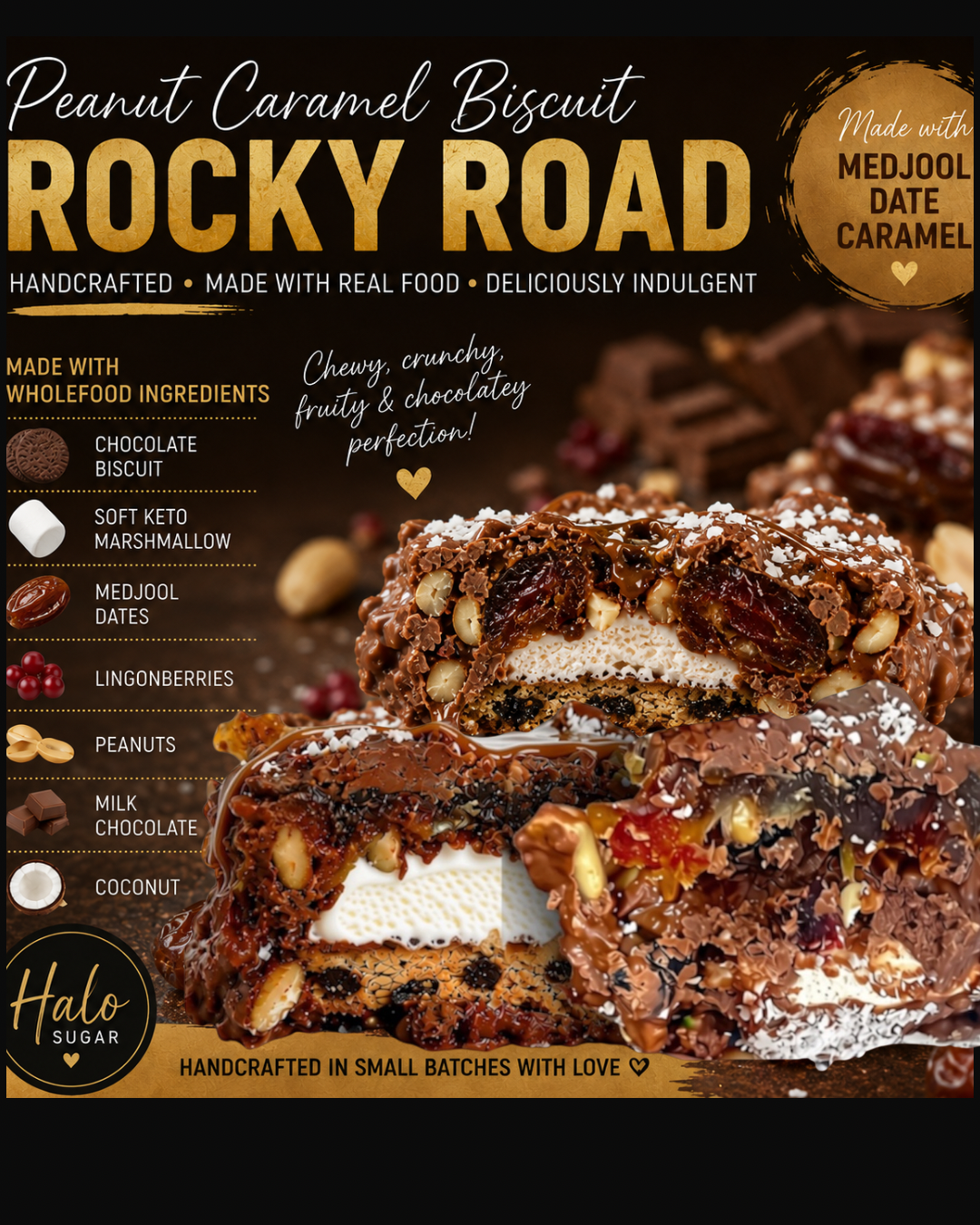 PRE-ORDER NEW Halo Sugar Keto Milk Chocolate - Hand Crafted Rocky Road Chunks Peanut Caramel Biscuit 115g