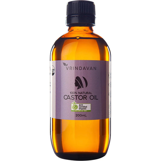 Vrindavan 100% Natural Castor Oil - Certified Organic - 200mL NEW Amber glass bottle