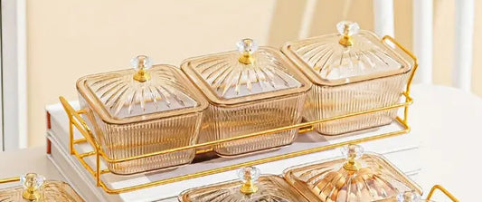 Luxurious Amber Snack Storage Set – 3 Square Plastic Containers with Lids, Gold – Elegant Organizer for Nuts, Dried Fruits & More