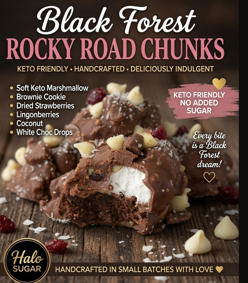 PRE-ORDER NEW Halo Sugar Keto Milk Chocolate - Hand Crafted Rocky Road Chunks Black Forest 115g