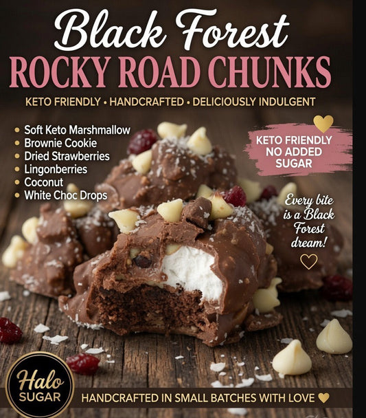 PRE-ORDER NEW Halo Sugar Keto Milk Chocolate - Hand Crafted Rocky Road Chunks Black Forest 115g