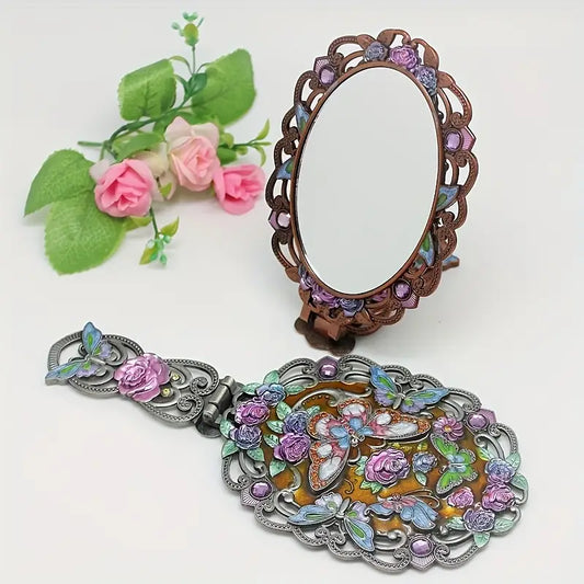 Antique-Style Handheld Vanity Mirror – Floral Butterfly Design, Folding Mirror with Tabletop Stand