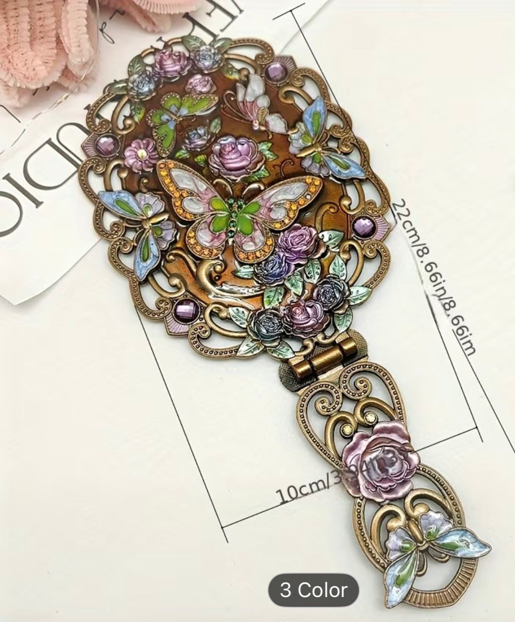 Antique-Style Handheld Vanity Mirror – Floral Butterfly Design, Folding Mirror with Tabletop Stand