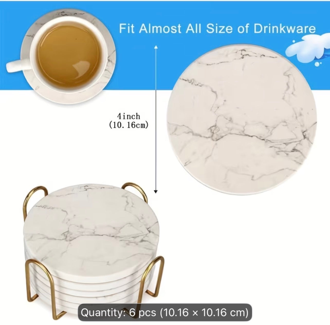 6pcs Marble Luxe Ceramic Coaster Set – 6 Piece with Gold Holder| Elegant Table, Gifting & Party Decor