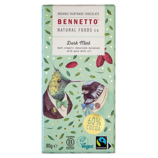 Bennetto Organic Dark Chocolate Mint (60% Cocoa) 80g
(Contains Raw Cane Sugar)