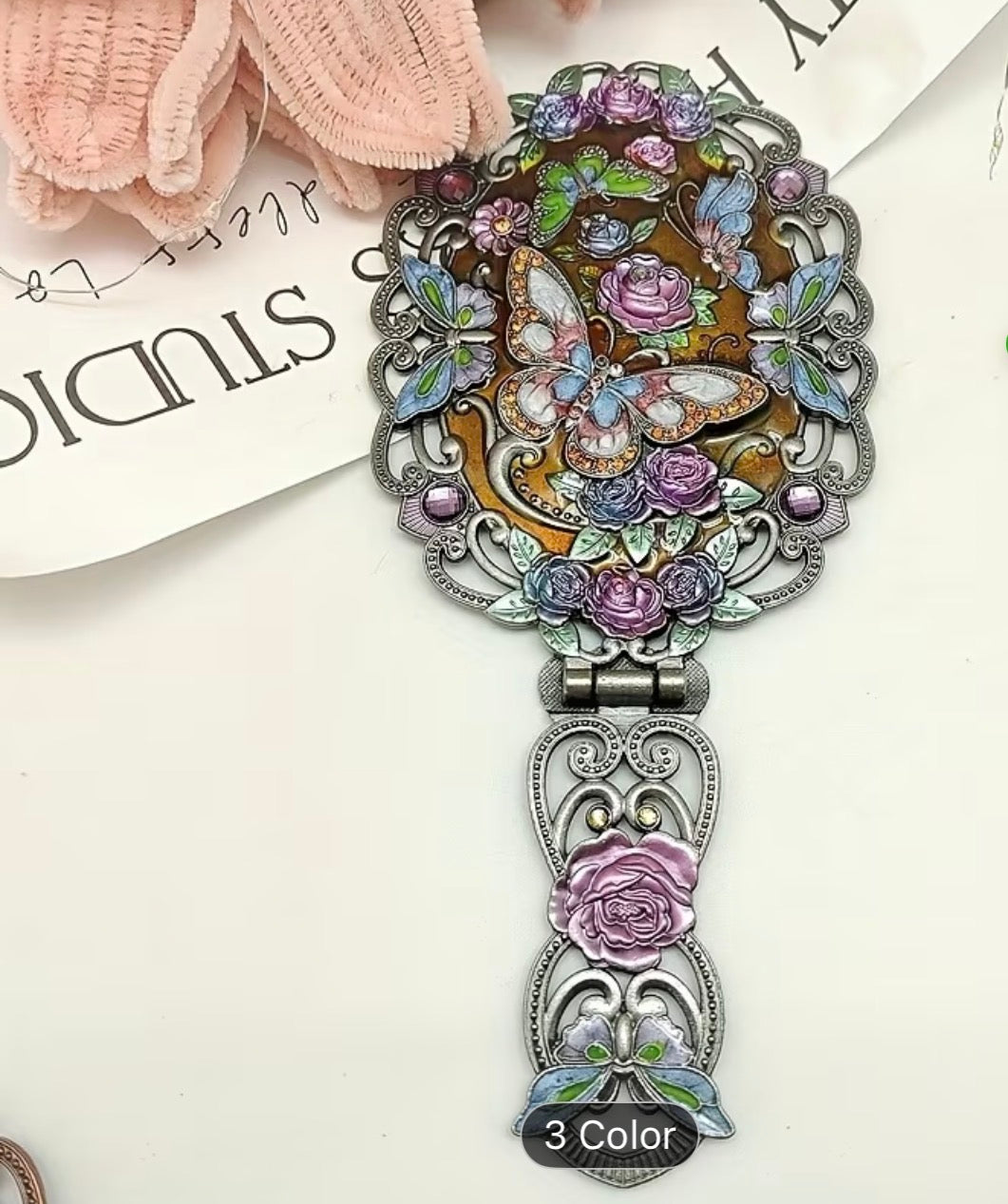 Antique-Style Handheld Vanity Mirror – Floral Butterfly Design, Folding Mirror with Tabletop Stand