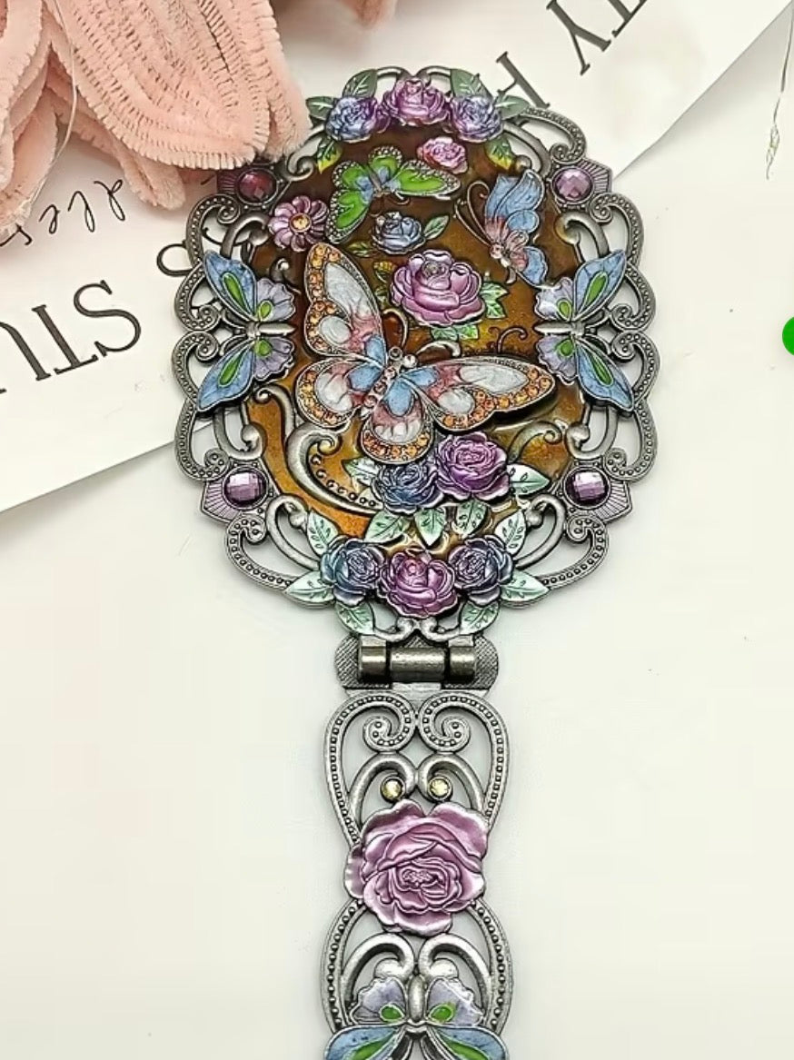 Antique-Style Handheld Vanity Mirror – Floral Butterfly Design, Folding Mirror with Tabletop Stand