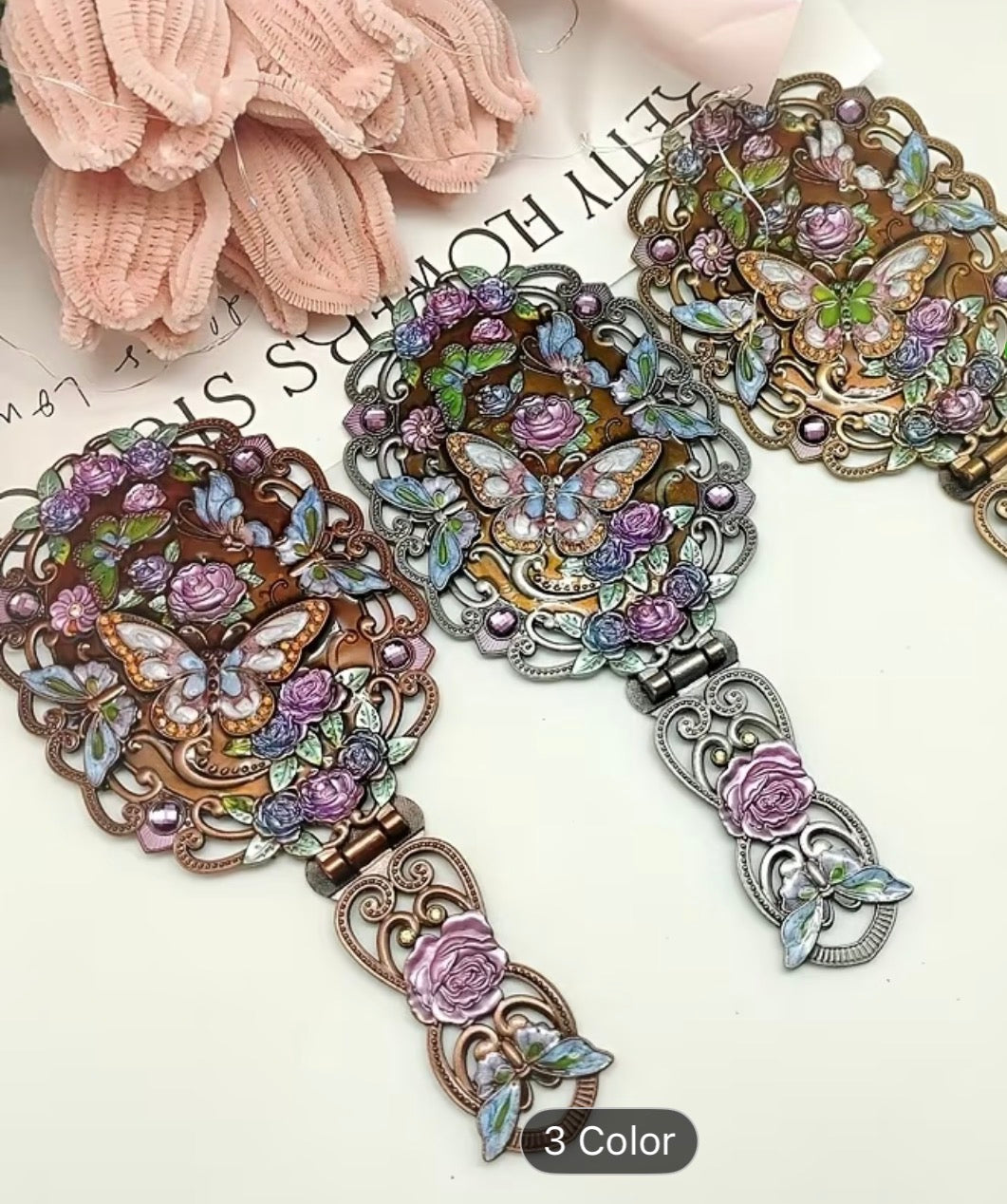 Antique-Style Handheld Vanity Mirror – Floral Butterfly Design, Folding Mirror with Tabletop Stand