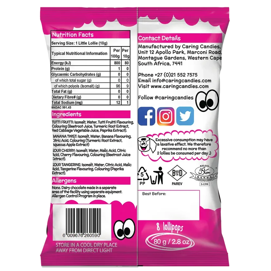 Caring Candies Sugar Free Lollipops 80g  | 8 HANDCRAFTED LOLLIPOPS