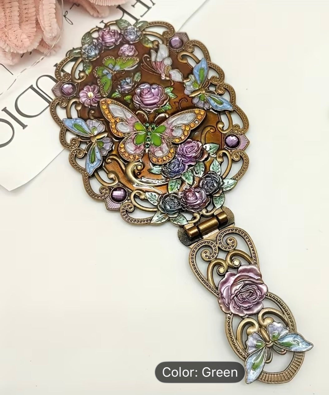 Antique-Style Handheld Vanity Mirror – Floral Butterfly Design, Folding Mirror with Tabletop Stand