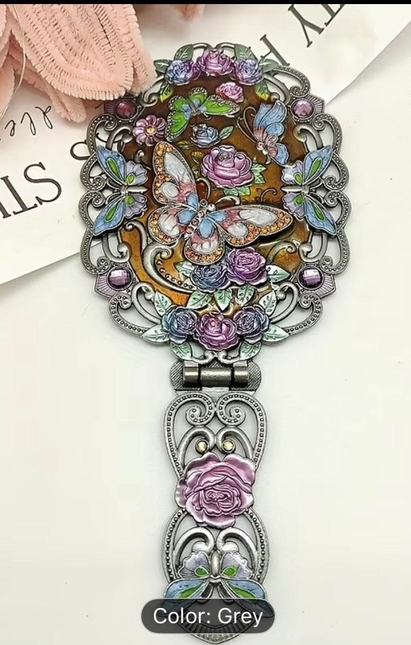 Antique-Style Handheld Vanity Mirror – Floral Butterfly Design, Folding Mirror with Tabletop Stand