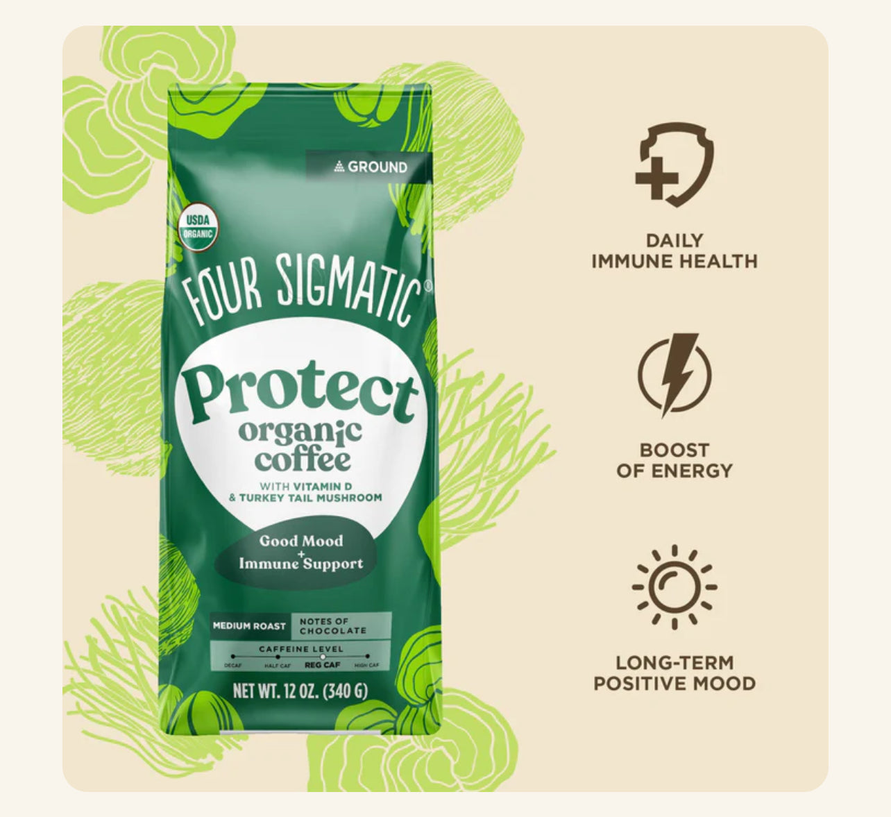 Four Sigmatic Organic Coffee Vitamin D & Turkey Tail Protect Ground Coffee for drip coffee maker, French press, or pour-over 340g