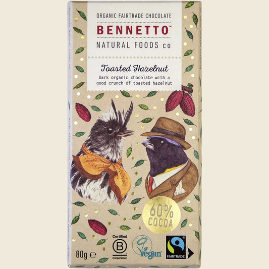 Bennetto Organic Dark Chocolate Toasted Hazelnut 80g (Contains Raw Cane Sugar)