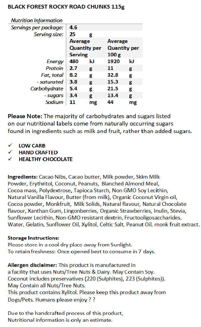 PRE-ORDER NEW Halo Sugar Keto Milk Chocolate - Hand Crafted Rocky Road Chunks Black Forest 115g