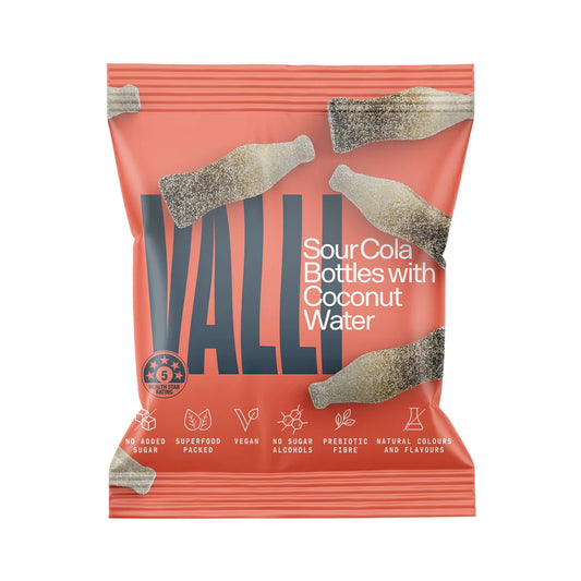 Valli Snacks Lollies Sour Cola Bottles with Coconut Water Sugar Free 50g