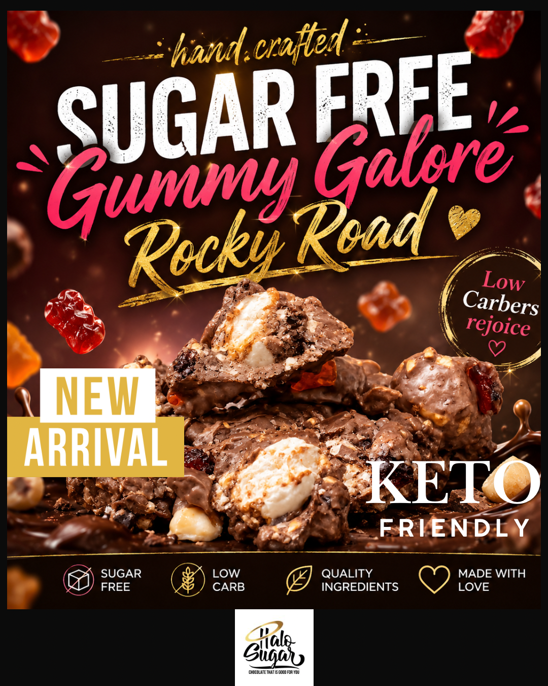 PRE-ORDER NEW & Limited Edition Halo Sugar Keto Milk Chocolate - Hand Crafted Rocky Road Chunks Gummy Galore 115g