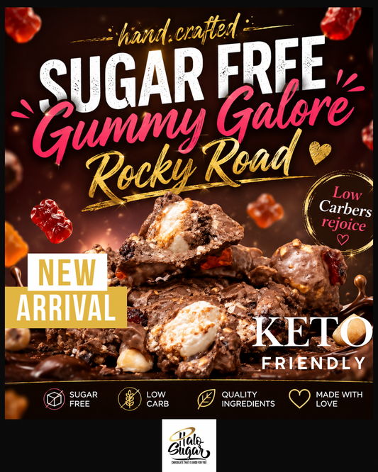 PRE-ORDER NEW & Limited Edition Halo Sugar Keto Milk Chocolate - Hand Crafted Rocky Road Chunks Gummy Galore 115g