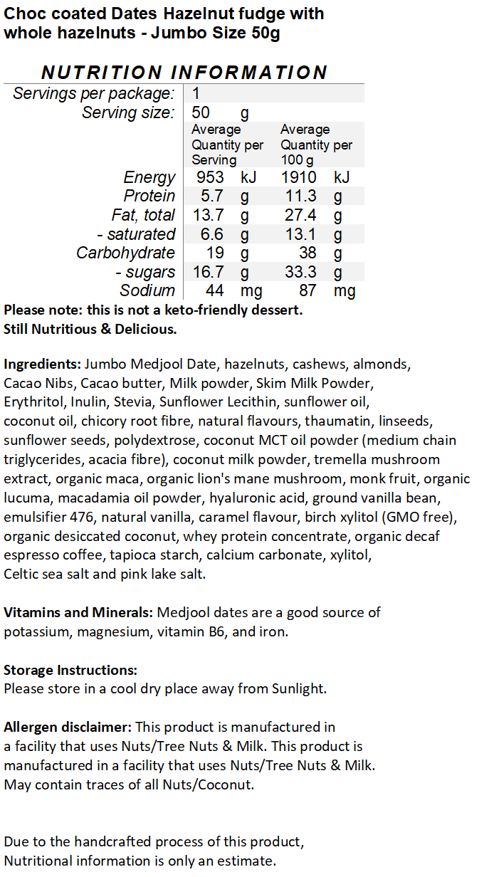 Sugar Free Milk Chocolate Coated Date with Hazelnut fudge Large 50g