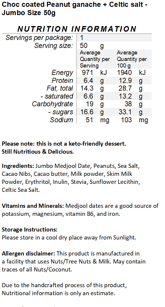 Sugar Free Milk Chocolate Coated Date with Peanut ganache + Celtic Salt Large 50g