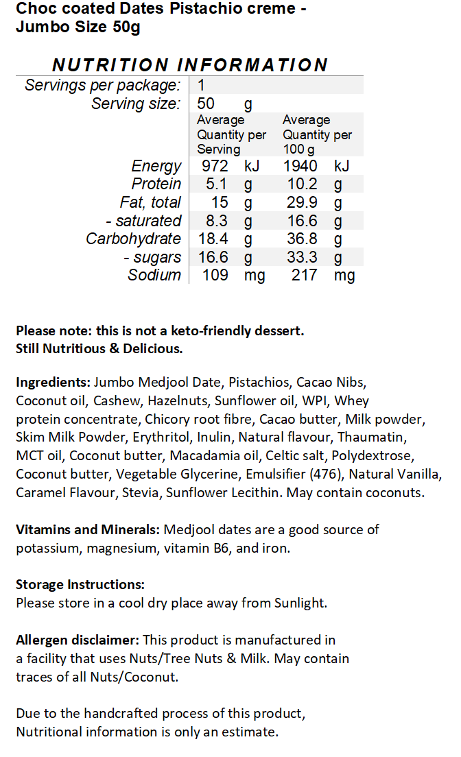 Sugar Free Milk Chocolate Coated Date with Pistachio crème Large 50g