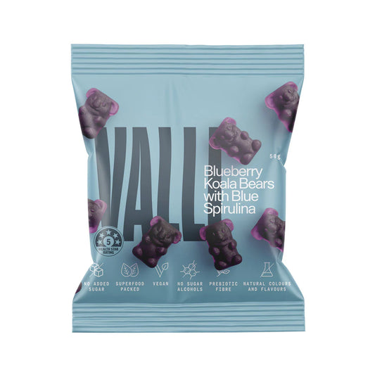 Valli Snacks Lollies Blueberry Koala Bears with Blue Spiralina Sugar Free 50g