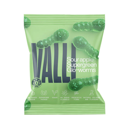 Valli Snacks Lollies Sour Apple Supergreen Glo-worms Sugar Free 50g