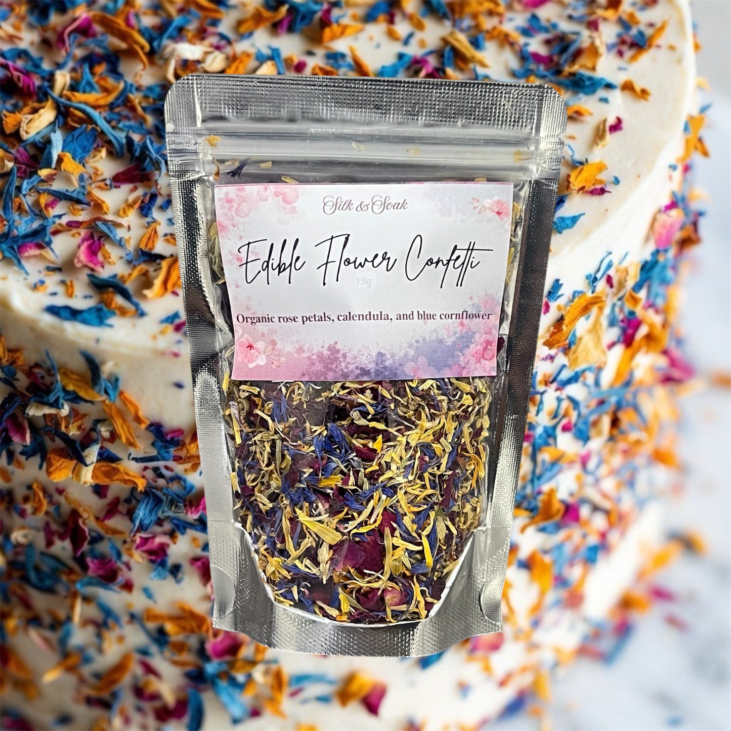 Silk & Soak Edible Flower Confetti 15g - Organic Rose petals, Calendula & Blue Cornflower