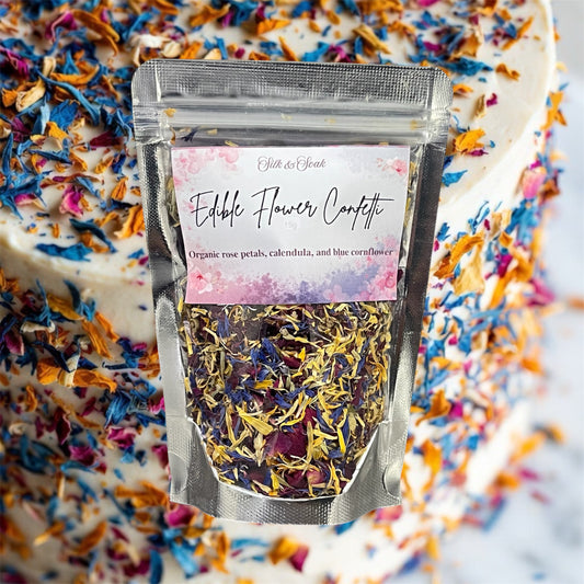 Silk & Soak Edible Flower Confetti 15g - Organic Rose petals, Calendula & Blue Cornflower