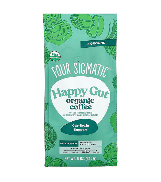 Four Sigmatic Organic Coffee Happy Gut probiotics, prebiotics, turkey tail and chaga mushrooms Ground Coffee for drip coffee maker, French press, or pour-over 340g