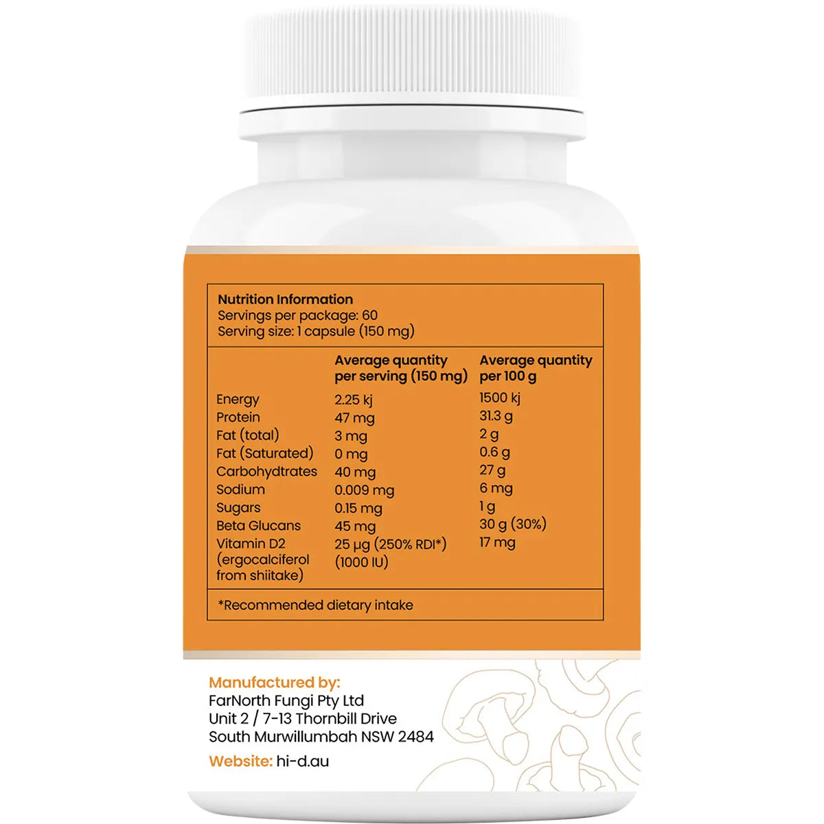 Hi-D Natural Vitamin D 1000 IU 60 Caps Organic Shiitake Mushrooms