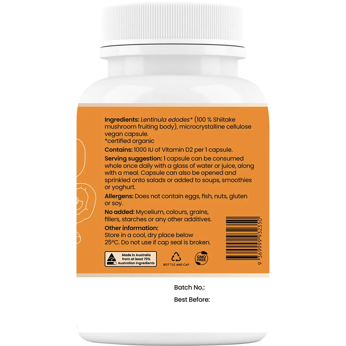 Hi-D Natural Vitamin D 1000 IU 60 Caps Organic Shiitake Mushrooms