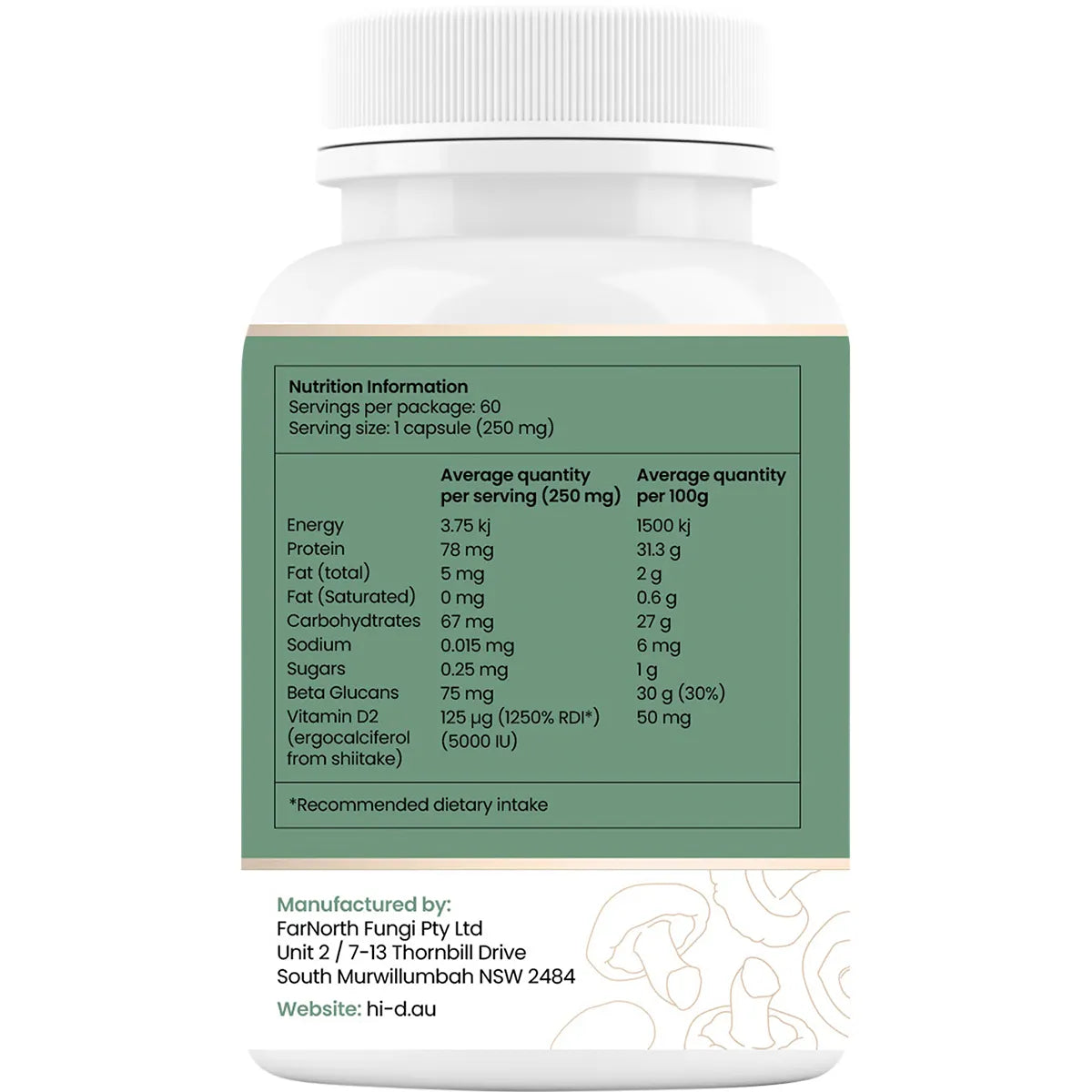 Hi-D Natural Vitamin D 5000 IU 60 Caps Organic Shiitake Mushrooms