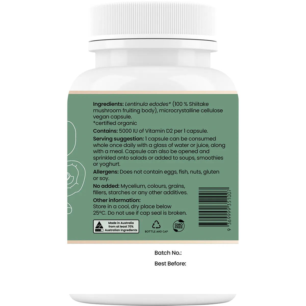 Hi-D Natural Vitamin D 5000 IU 60 Caps Organic Shiitake Mushrooms