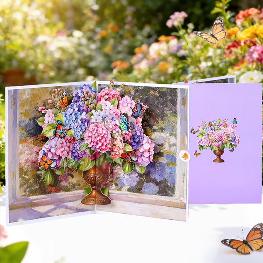 Stunning 3D Hydrangea Vase Pop-Up Greeting Card – 3D Handmade Floral Keepsake – Includes Envelope & Mini Note Card | Perfect for All Occasions