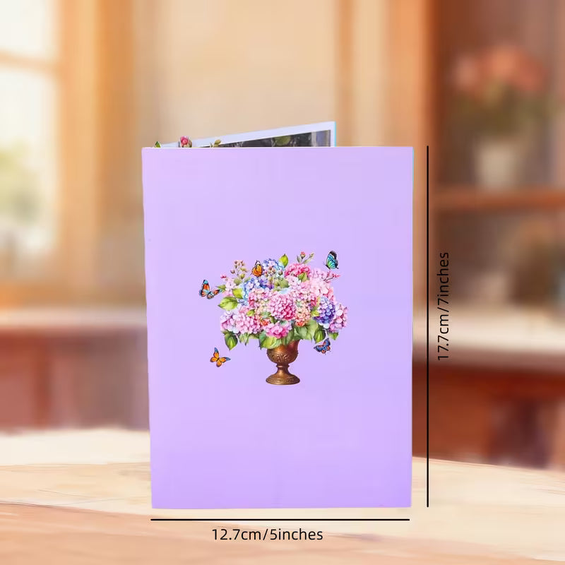 Stunning 3D Hydrangea Vase Pop-Up Greeting Card – 3D Handmade Floral Keepsake – Includes Envelope & Mini Note Card | Perfect for All Occasions