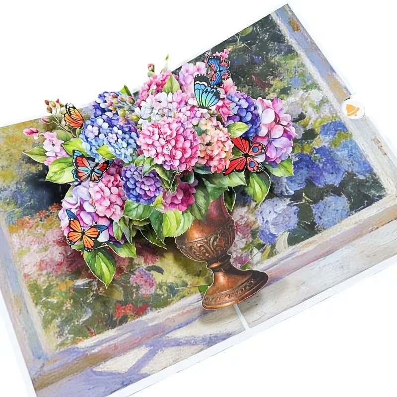 Stunning 3D Hydrangea Vase Pop-Up Greeting Card – 3D Handmade Floral Keepsake – Includes Envelope & Mini Note Card | Perfect for All Occasions