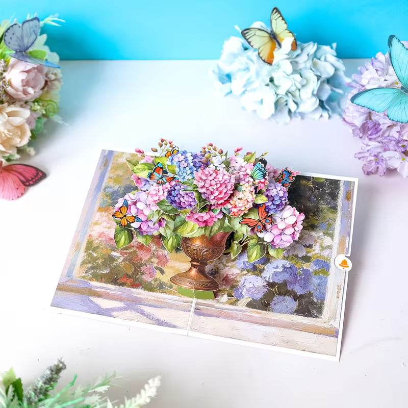 Stunning 3D Hydrangea Vase Pop-Up Greeting Card – 3D Handmade Floral Keepsake – Includes Envelope & Mini Note Card | Perfect for All Occasions