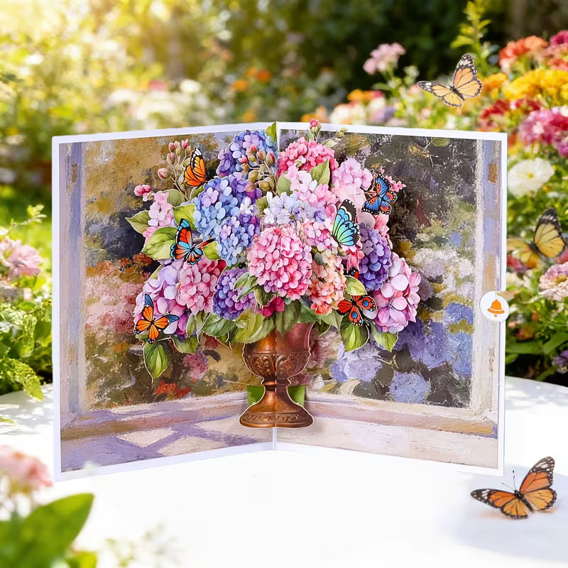 Stunning 3D Hydrangea Vase Pop-Up Greeting Card – 3D Handmade Floral Keepsake – Includes Envelope & Mini Note Card | Perfect for All Occasions