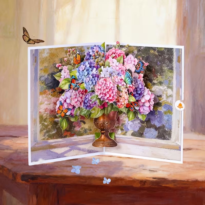 Stunning 3D Hydrangea Vase Pop-Up Greeting Card – 3D Handmade Floral Keepsake – Includes Envelope & Mini Note Card | Perfect for All Occasions