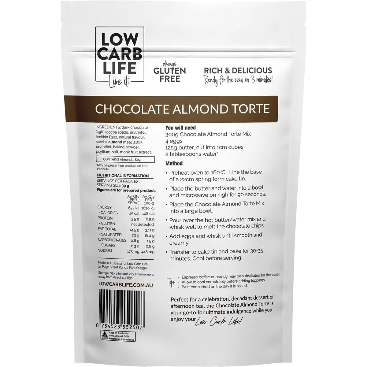 LOW CARB LIFE Chocolate Almond Torte Keto Bake Mix 300g
