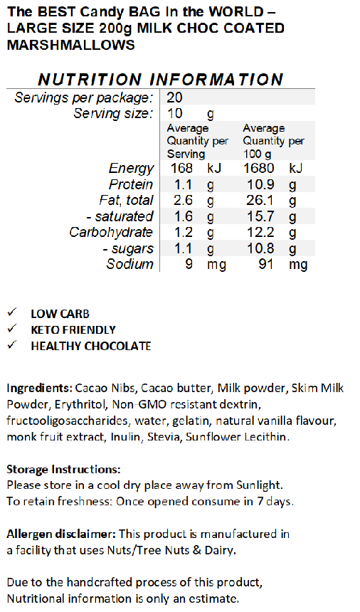 PRE-ORDER Handcrafted Keto Milk Chocolate coated Marshmallows 70g & 200g Available