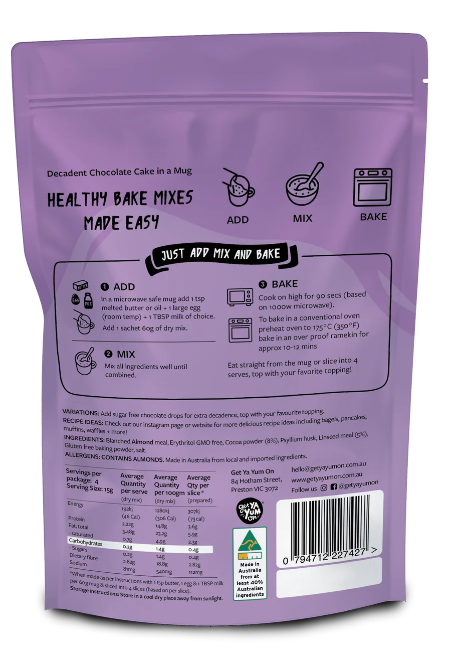 Get Ya Yum On Cake In a Mug Decadent Chocolate Dry Cake Mix 60g